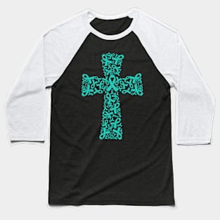 Christian Cross Jesus PCOS Awareness Teal Ribbon Warrior Support Survivor Baseball T-Shirt